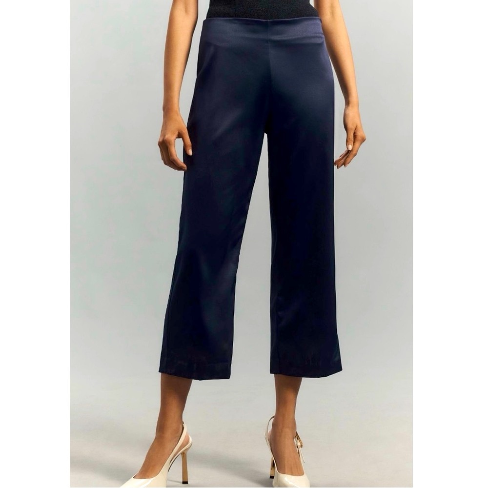 Anthropologie Silky Navy Blue Tapered High Rise Cropped Pants Trousers 0 XS
